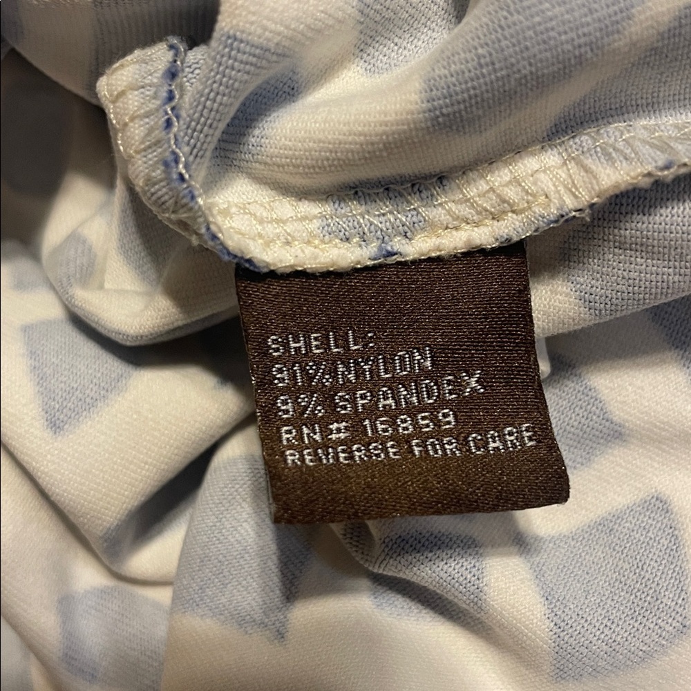J. McLaughlin women’s medium 8 10 blouse top tunic Blue cream brown pattern - Picture 7 of 9